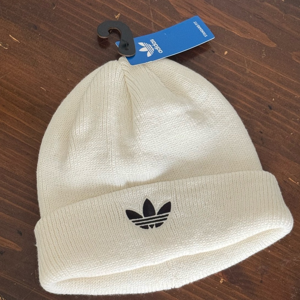 adidas White Knit Beanie with Black Trefoil